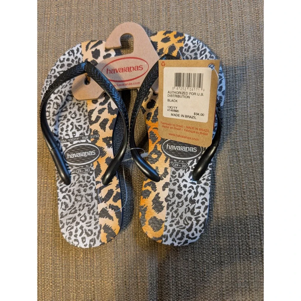 NEW Havaianas Kids Animal Print Flip Flops Black Leopard Cheetah 13C/1Y